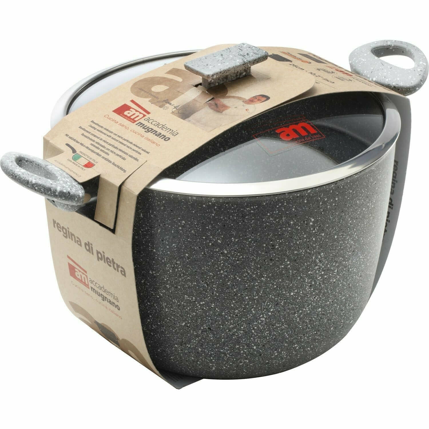 ACCADEMIA MUGNANO - Pentola antiaderente 2 manici con coperchio in vetro Regina di pietra Induction - diametro 26 cm